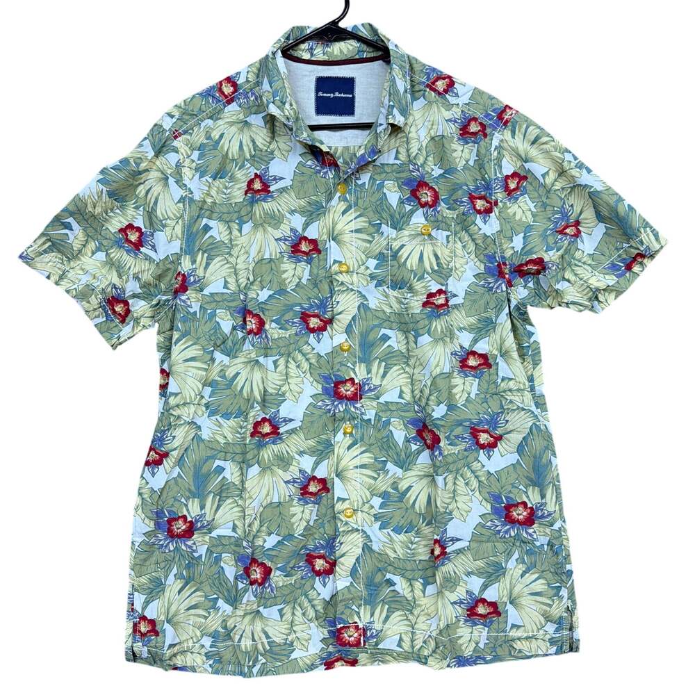 Tommy Bahama Mens Shirt Green Floral Button Down Short Sleeve 100% Cotton M